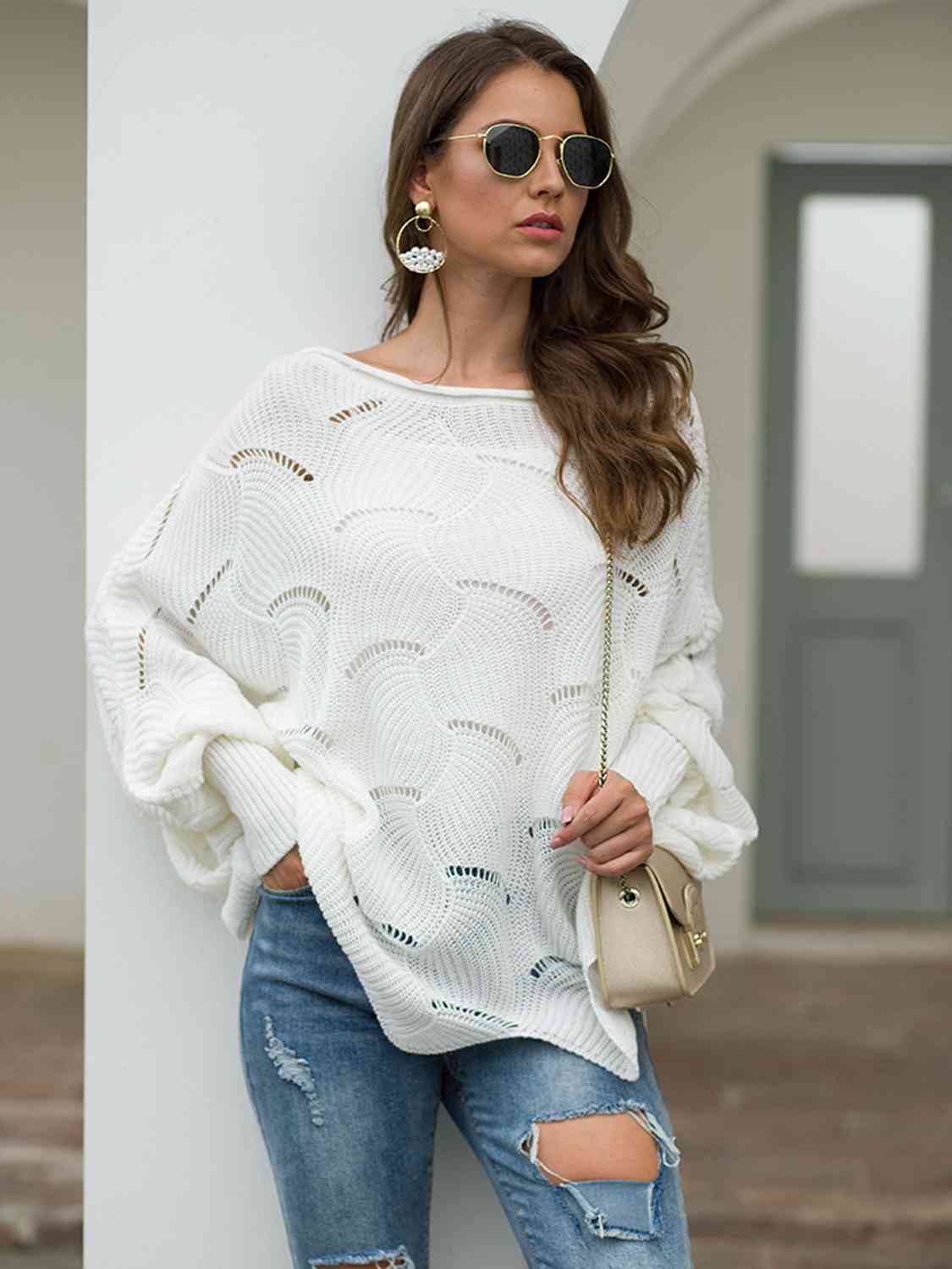 Boat Neck Lantern Sleeve  Knit Top Bazaarbey