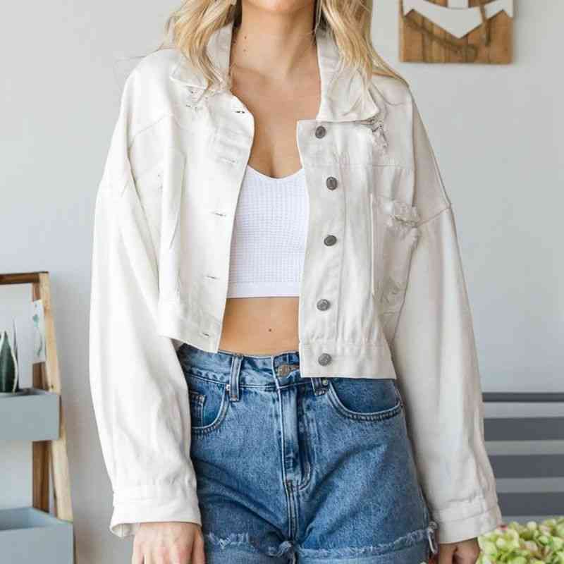 Cropped Collared Neck Dropped Shoulder Denim Jacket Bazaarbey