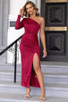 One Shoulder Ruched Slit Maxi Dress Bazaarbey