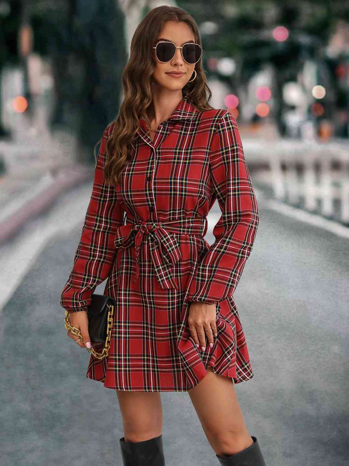 Plaid Tie Front Collared Neck Long Sleeve Dress Bazaarbey
