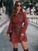 Plaid Tie Front Collared Neck Long Sleeve Dress Bazaarbey