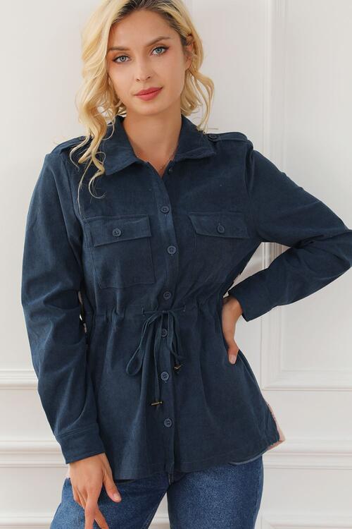 Button Up Drawstring Collared Neck Jacket Trendsi