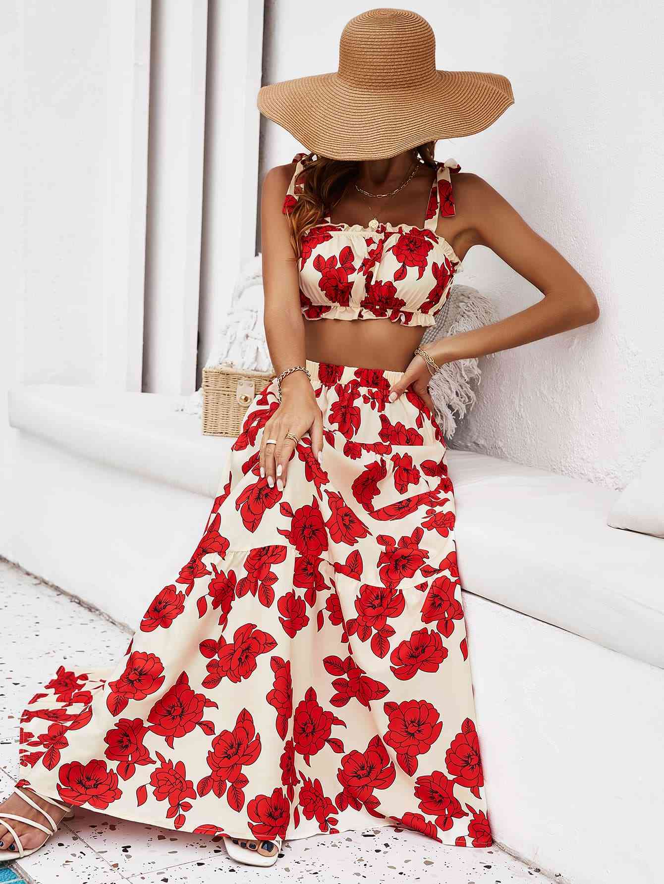 Floral Tie Shoulder Top and Tiered Maxi Skirt Set Bazaarbey