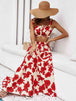 Floral Tie Shoulder Top and Tiered Maxi Skirt Set Bazaarbey
