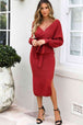 Surplice Neck Bow Waist Slit Sweater Dress Bazaarbey