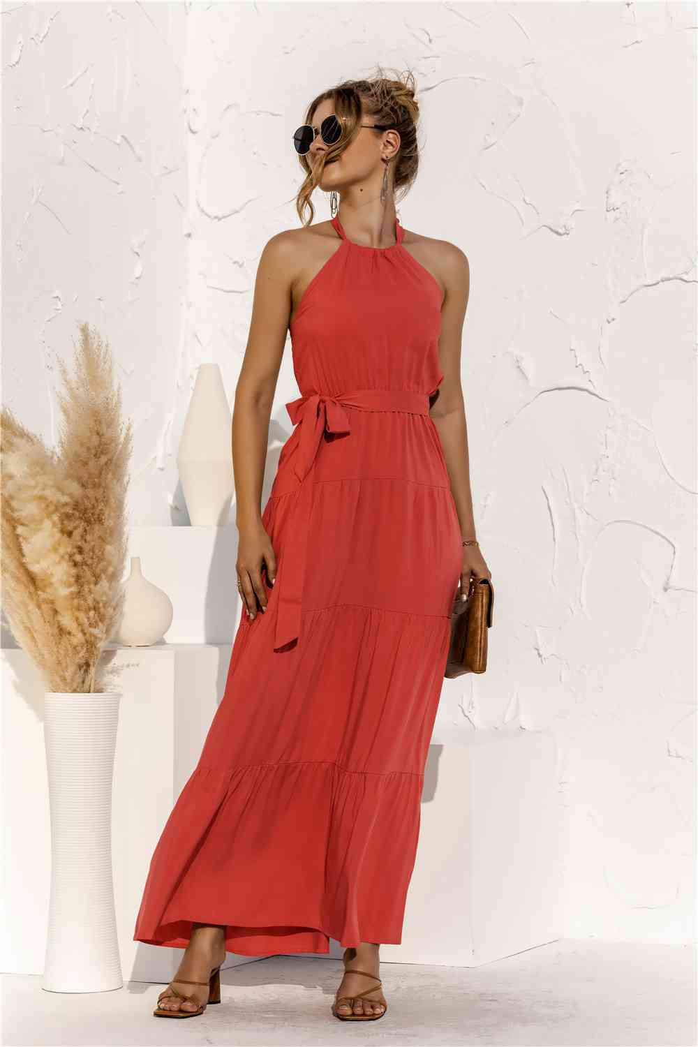 Halter Neck Tie Waist Tiered Maxi Dress Bazaarbey