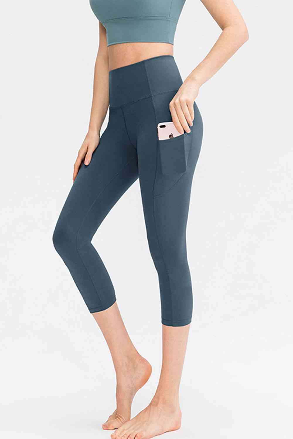Wide Waistband Cropped Active Leggings with Pockets Bazaarbey