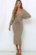 Surplice Neck Bow Waist Slit Sweater Dress Bazaarbey