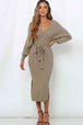 Surplice Neck Bow Waist Slit Sweater Dress Bazaarbey