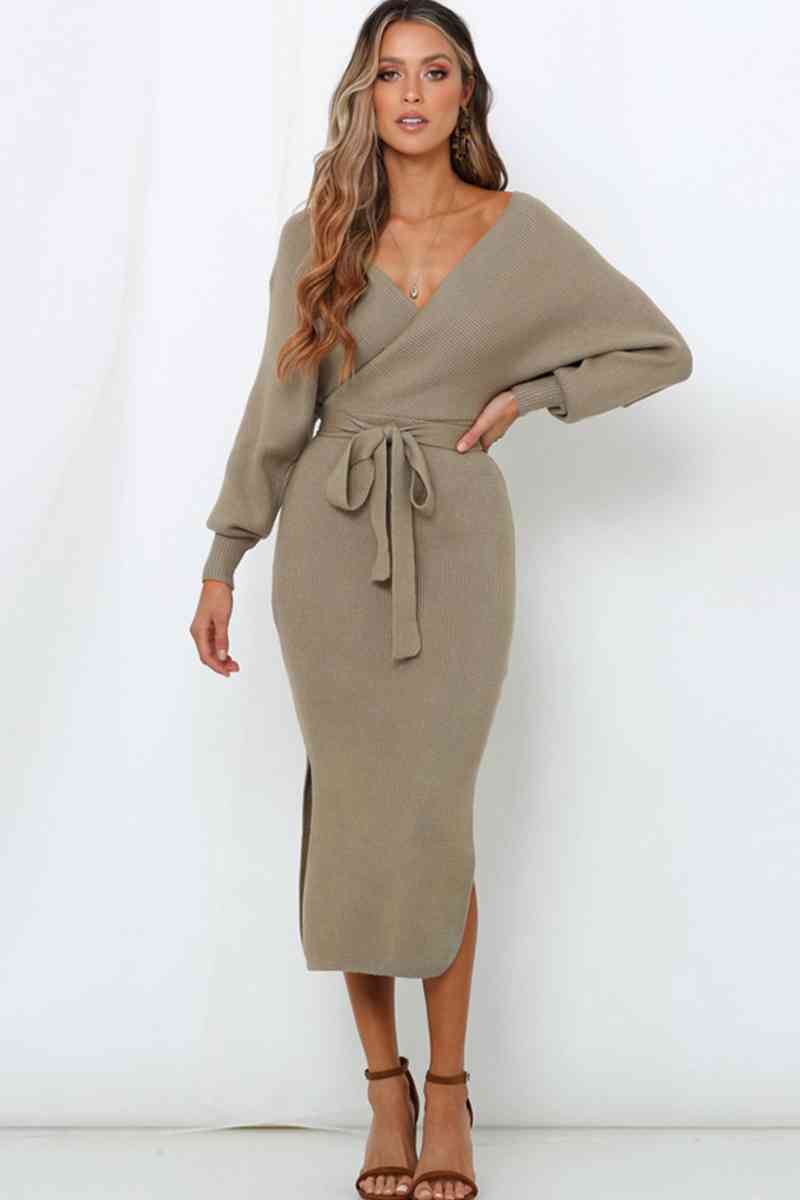 Surplice Neck Bow Waist Slit Sweater Dress Bazaarbey