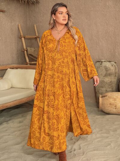 Plus Size Printed Slit Long Sleeve Dress Bazaarbey