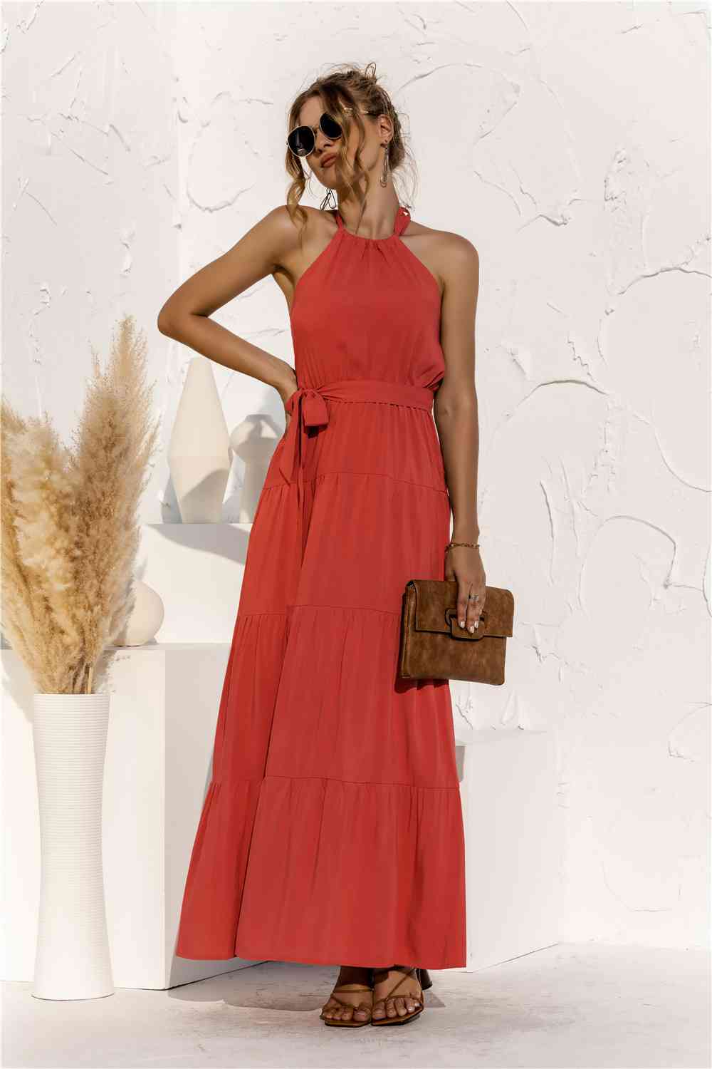 Halter Neck Tie Waist Tiered Maxi Dress Bazaarbey