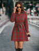 Plaid Tie Front Collared Neck Long Sleeve Dress Bazaarbey