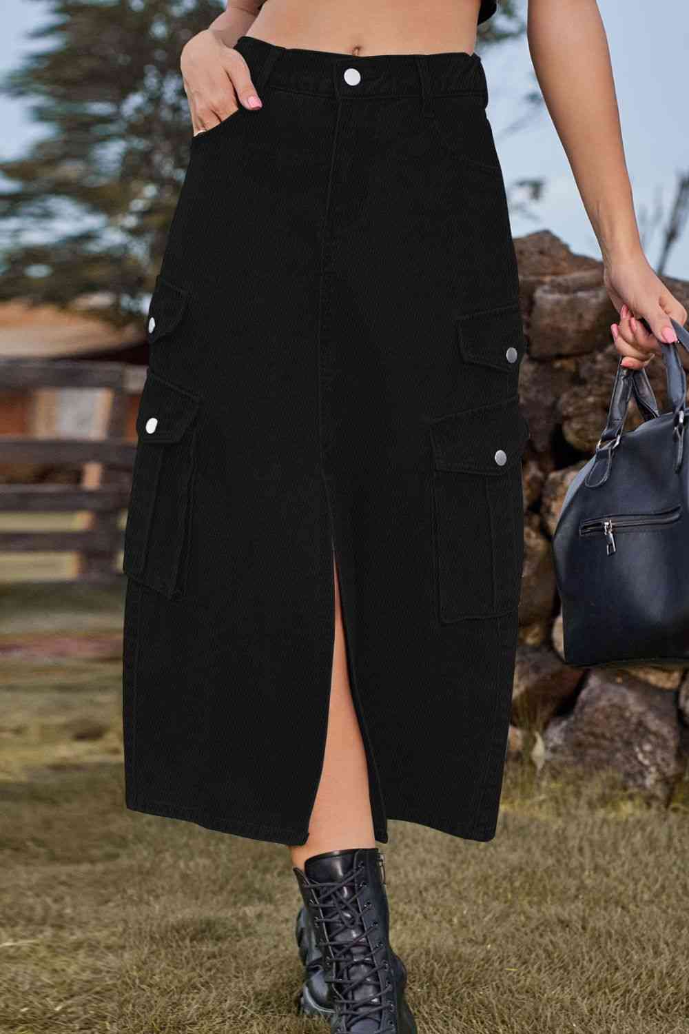 Slit Front Midi Denim Skirt with Pockets Trendsi