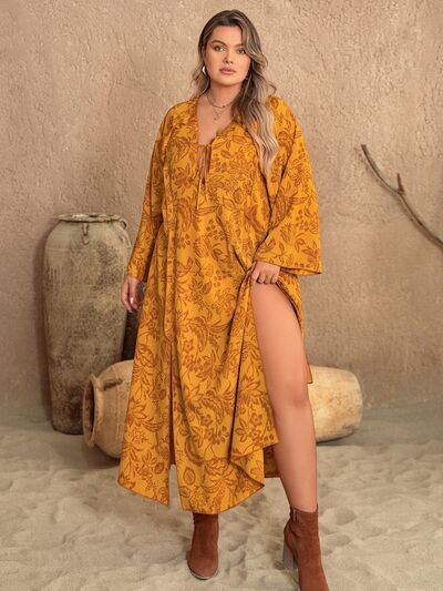Plus Size Printed Slit Long Sleeve Dress Bazaarbey