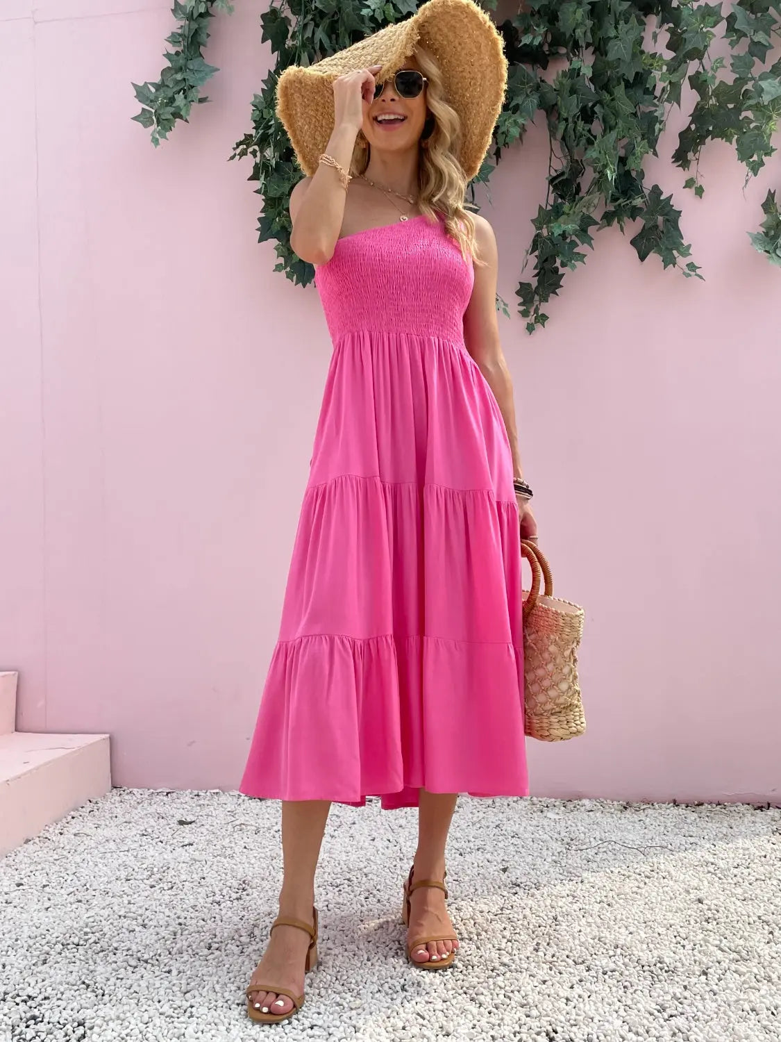 Smocked Single Shoulder Sleeveless Dress -BazaarBey - www.shopbazaarbey.com