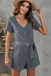 V-Neck Short Sleeve Tie Belt Romper with Pockets Trendsi
