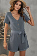 V-Neck Short Sleeve Tie Belt Romper with Pockets Trendsi