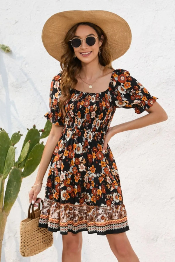 Printed Square Neck Short Sleeve Dress -BazaarBey - www.shopbazaarbey.com