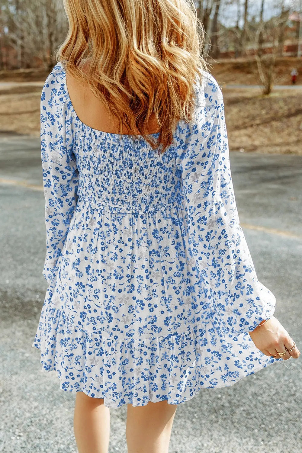 Smocked Floral Square Neck Balloon Sleeve Dress -BazaarBey - www.shopbazaarbey.com