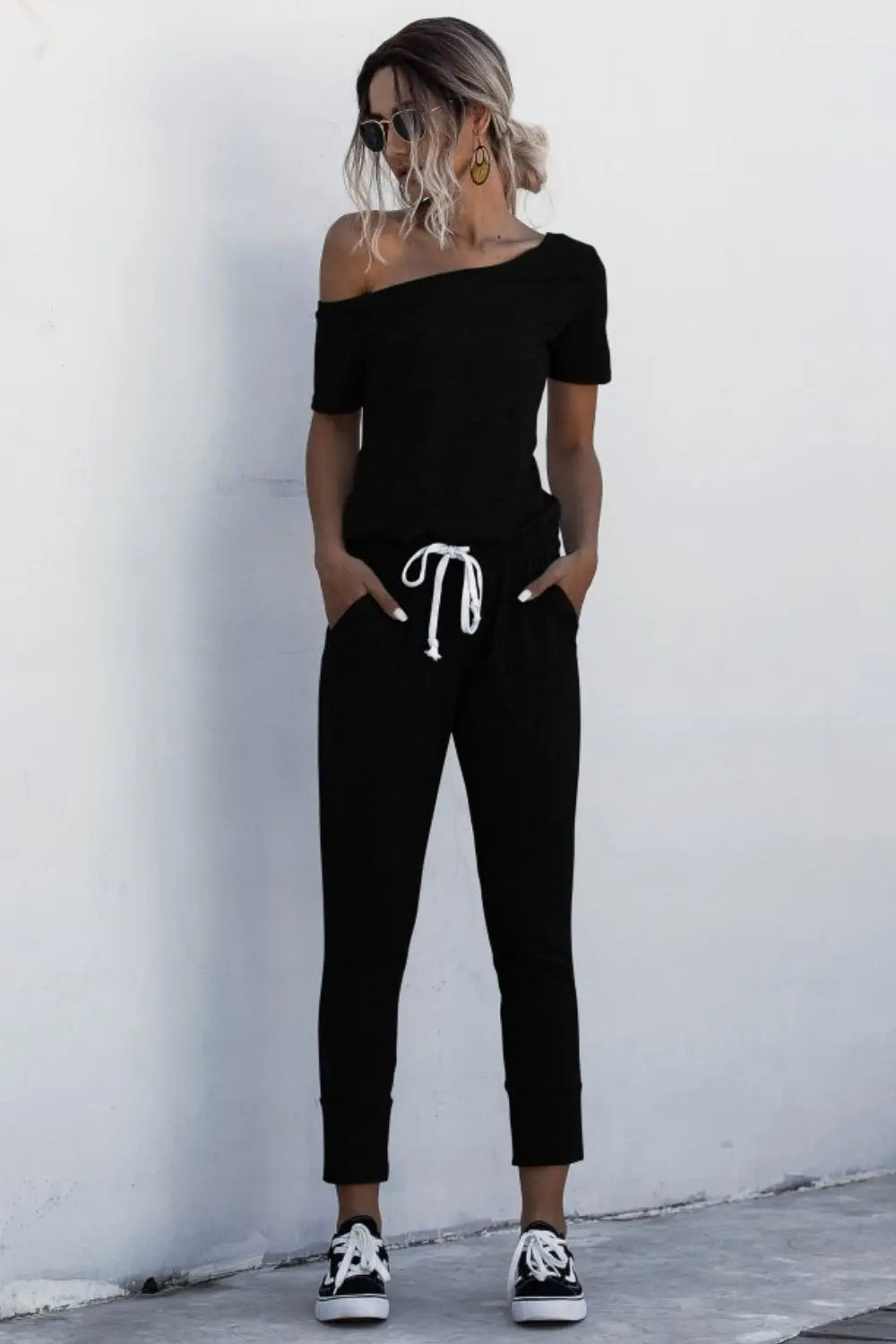 Asymmetrical Neck Tied Jumpsuit with Pockets Bazaarbey