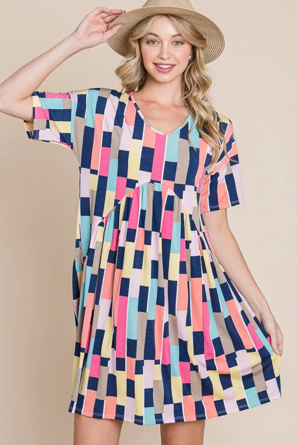  Ruched Color Block Short Sleeve Mini Dress -BazaarBey - www.shopbazaarbey.com