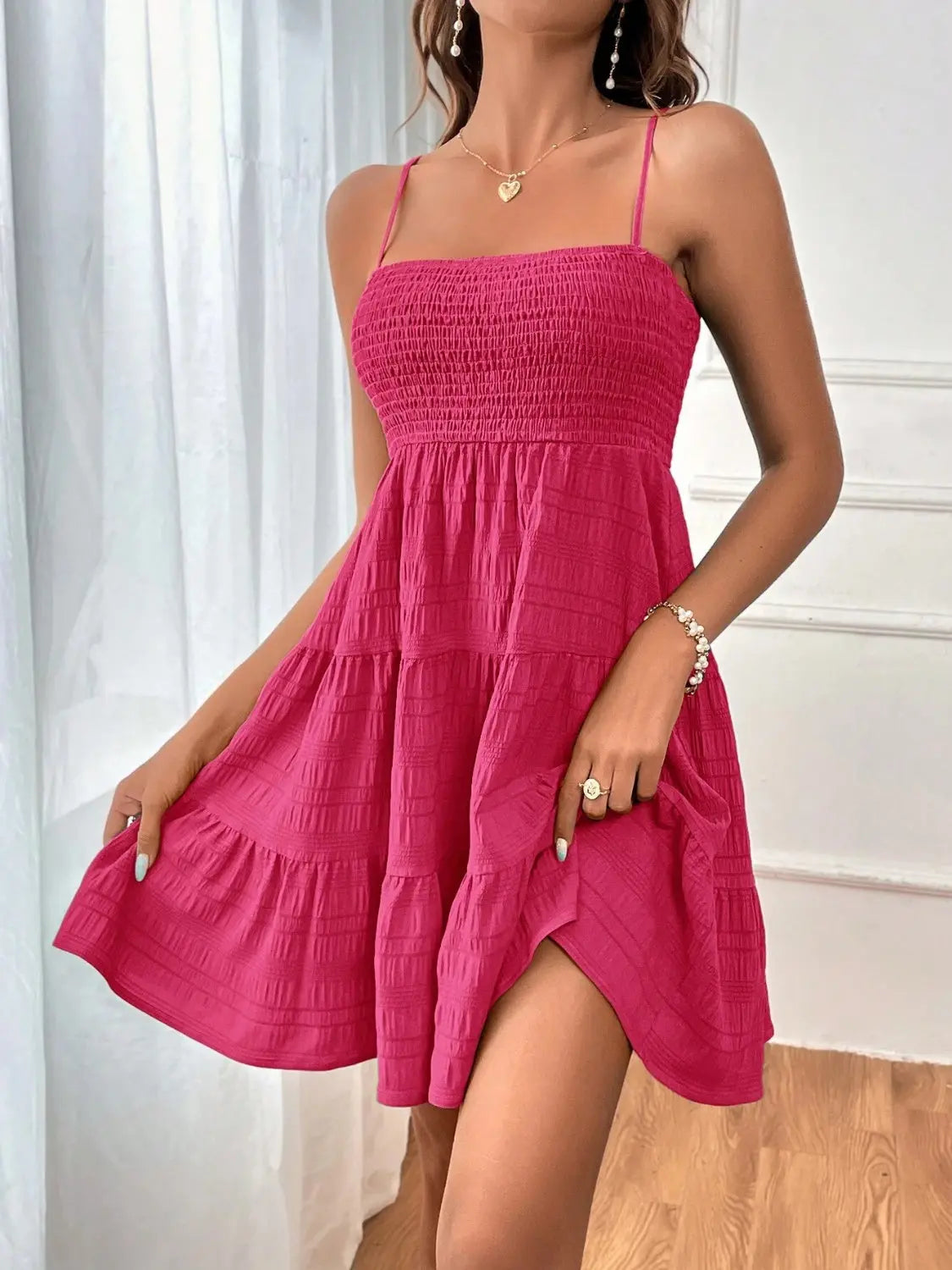 Smocked Tiered Sleeveless Mini Dress -BazaarBey - www.shopbazaarbey.com