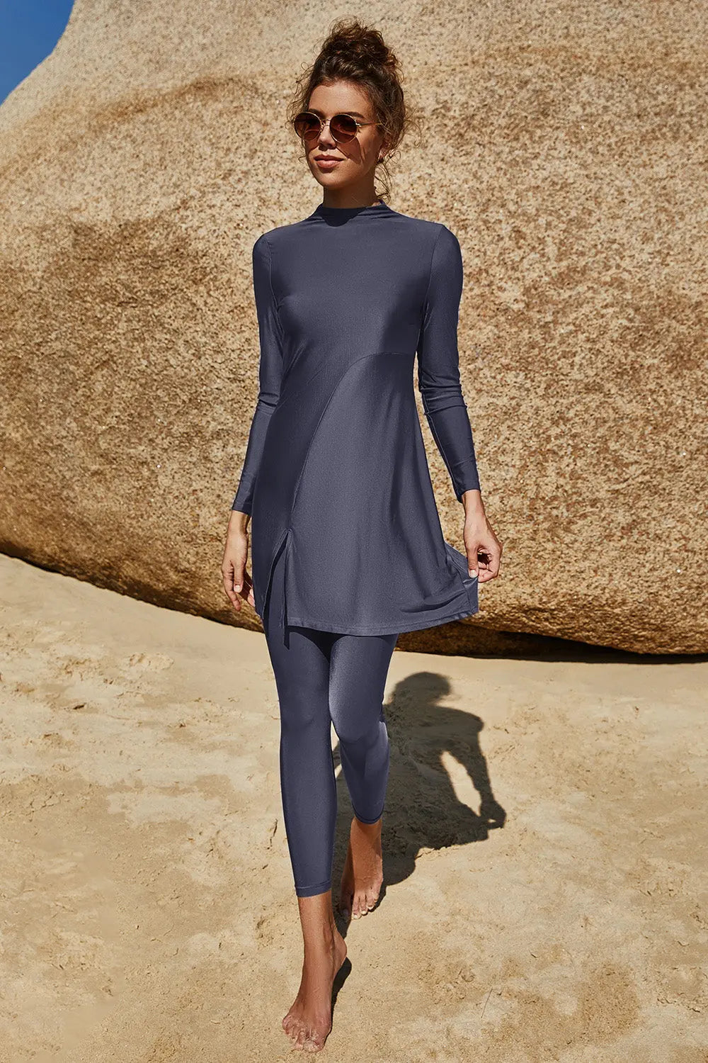 Slit Mock Neck Long Sleeve Top and Pants Swim Set Trendsi