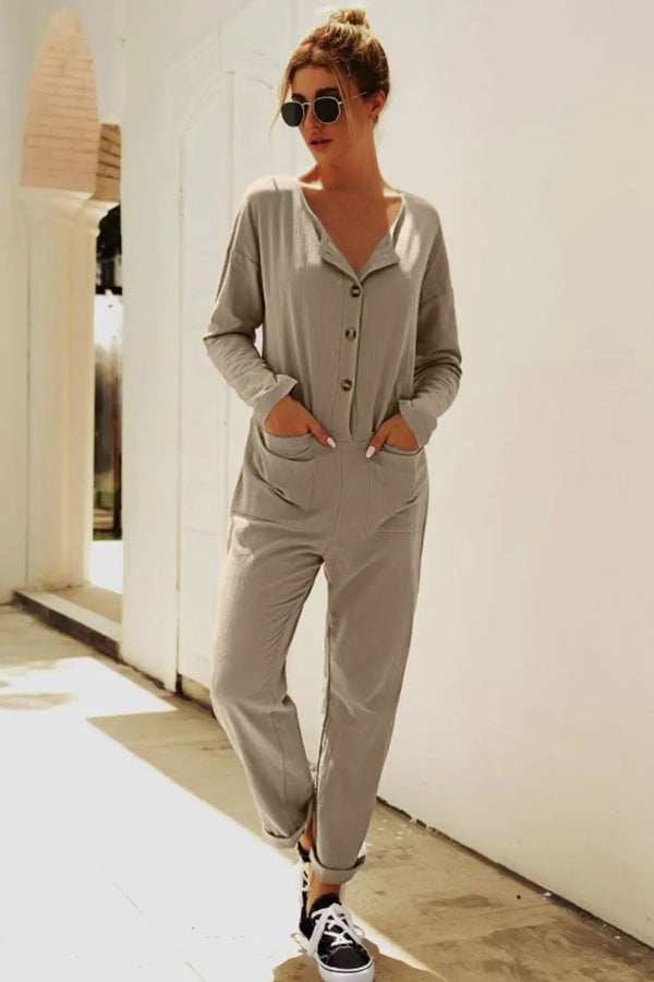 BazaarBey Buttoned Drop Shoulder Pocket Jumpsuit 