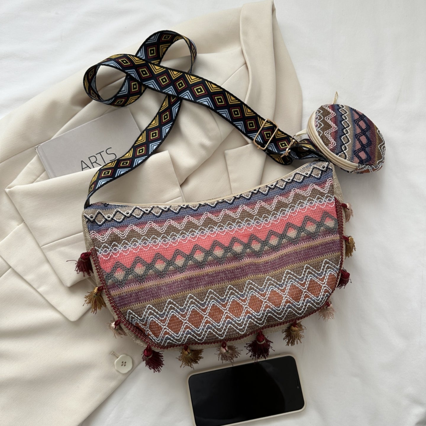 Printed Tassel Detail Crossbody Bag with Small Purse Trendsi