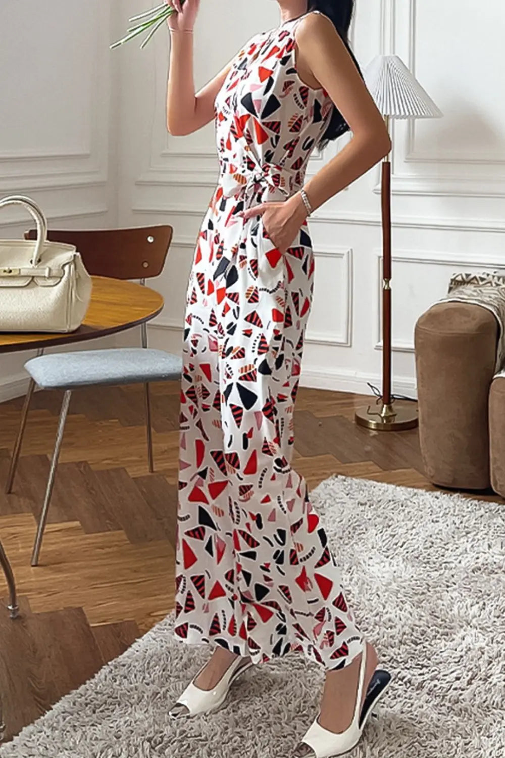 Printed Surplice Neck Sleeveless Jumpsuit Trendsi