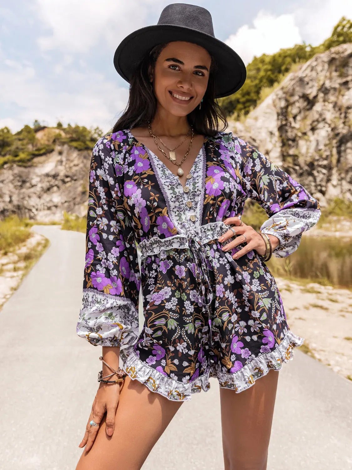 Printed  Half Button Balloon Sleeve Romper Trendsi