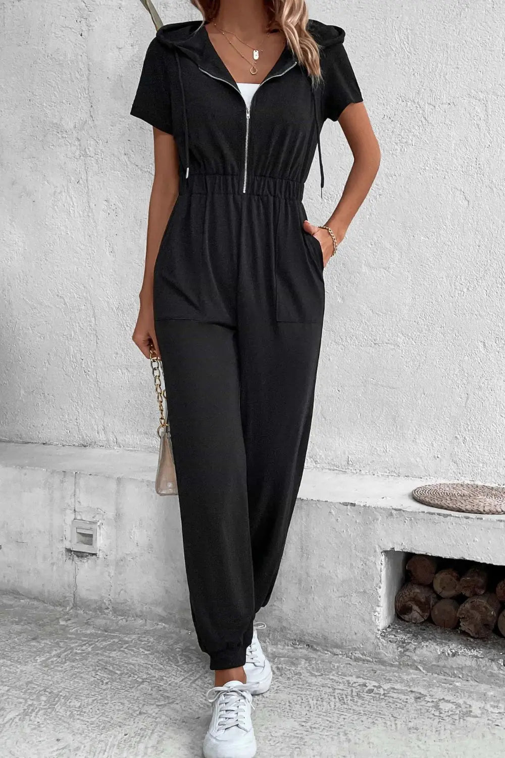 BazaarBey Zip-Up Short Sleeve Hooded Jumpsuit with Pockets 