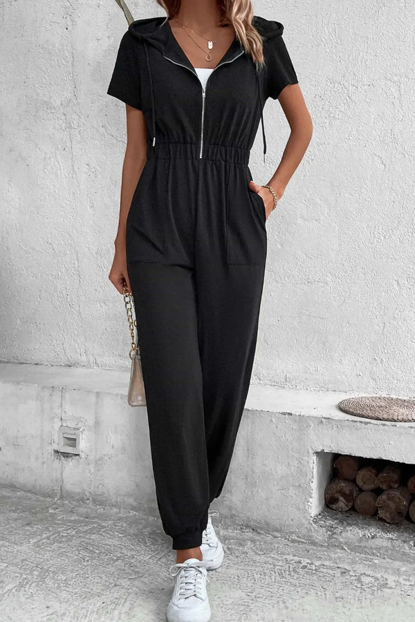 BazaarBey Zip-Up Short Sleeve Hooded Jumpsuit with Pockets 