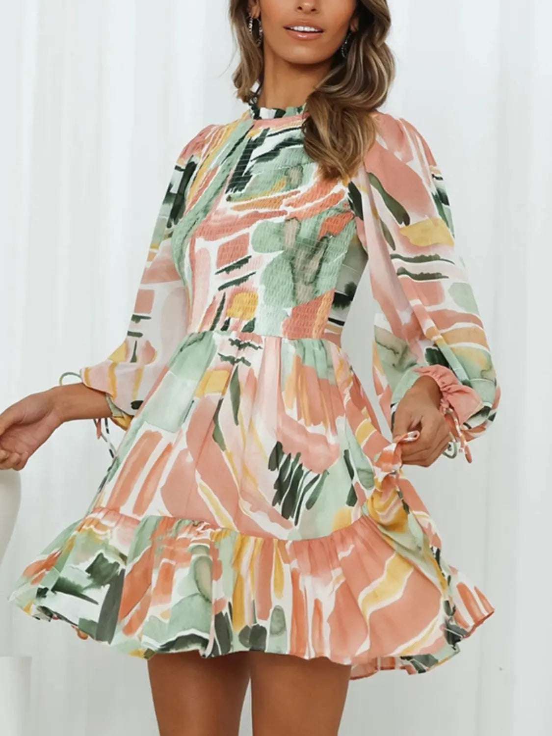 Printed Mock Neck Balloon Sleeve Mini Dress -BazaarBey - www.shopbazaarbey.com