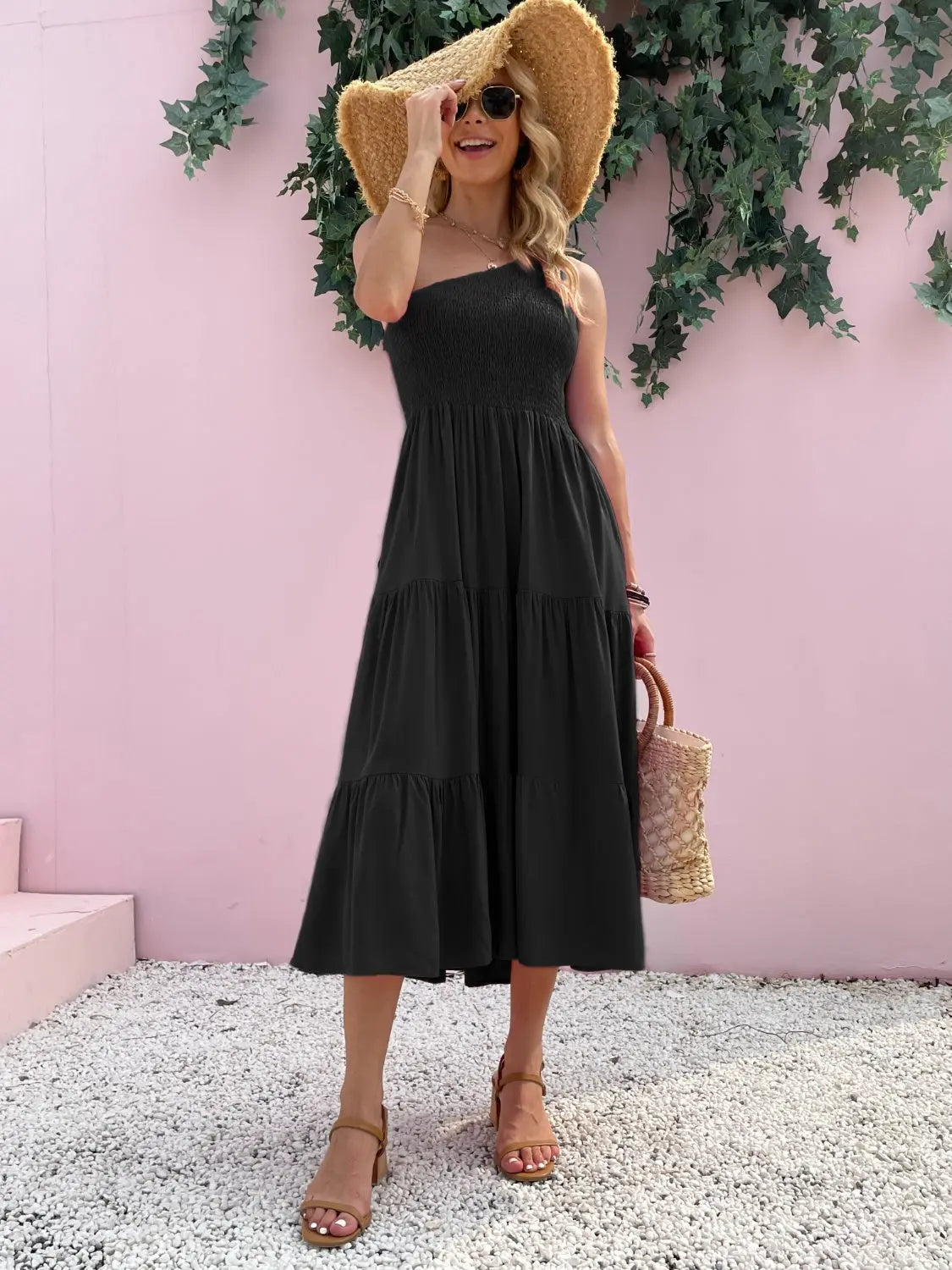 Smocked Single Shoulder Sleeveless Dress -BazaarBey - www.shopbazaarbey.com