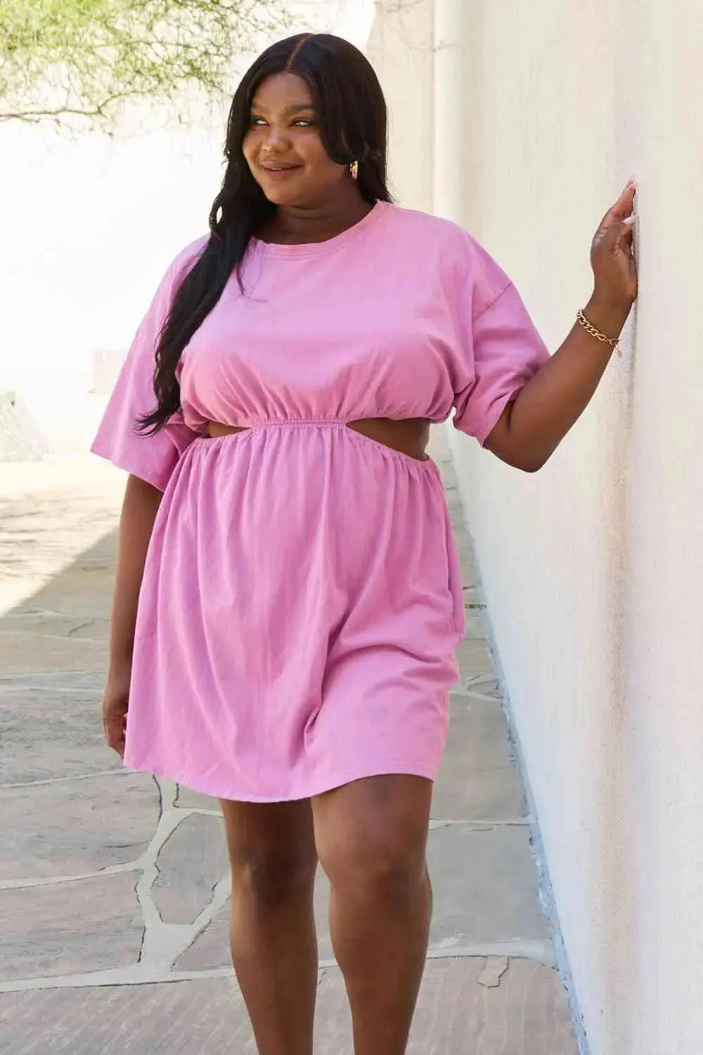  Summer Field Full Size Cutout T-Shirt Dress in Carnation Pink -BazaarBey - www.shopbazaarbey.com