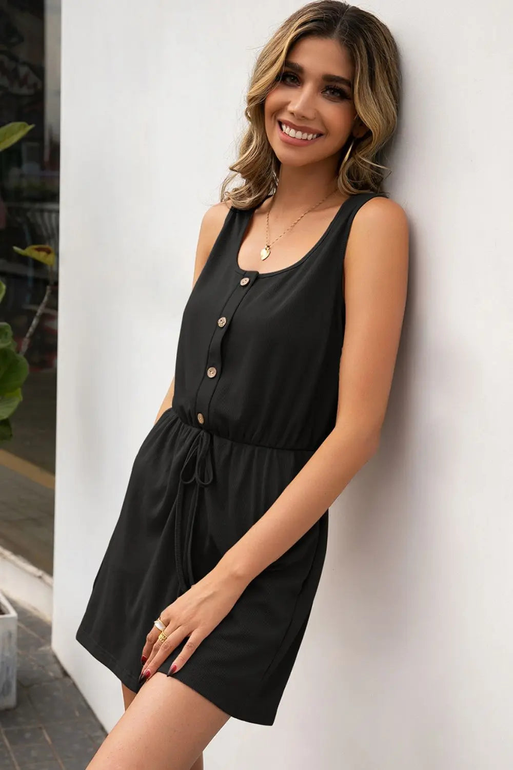 Buttoned Round Neck Sleeveless Romper Trendsi