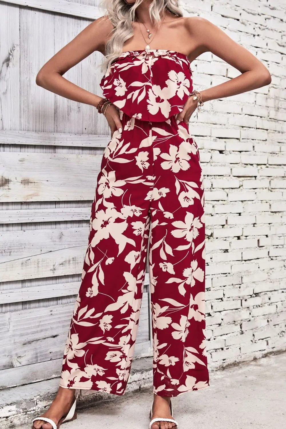 Floral Strapless Wide Leg Jumpsuit Trendsi