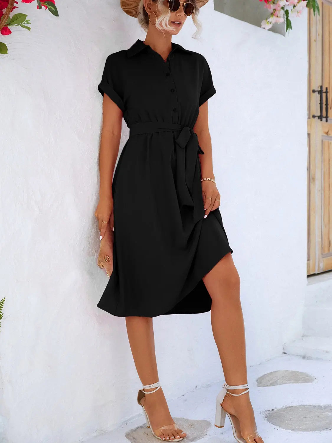 Buttoned Tie Waist Short Sleeve Dress -BazaarBey - www.shopbazaarbey.com