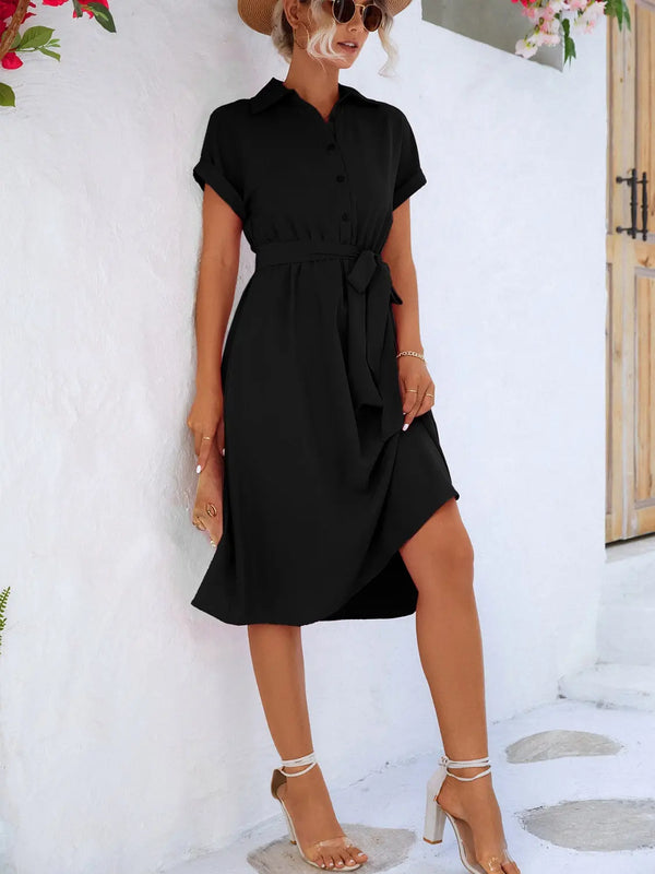 Buttoned Tie Waist Short Sleeve Dress -BazaarBey - www.shopbazaarbey.com