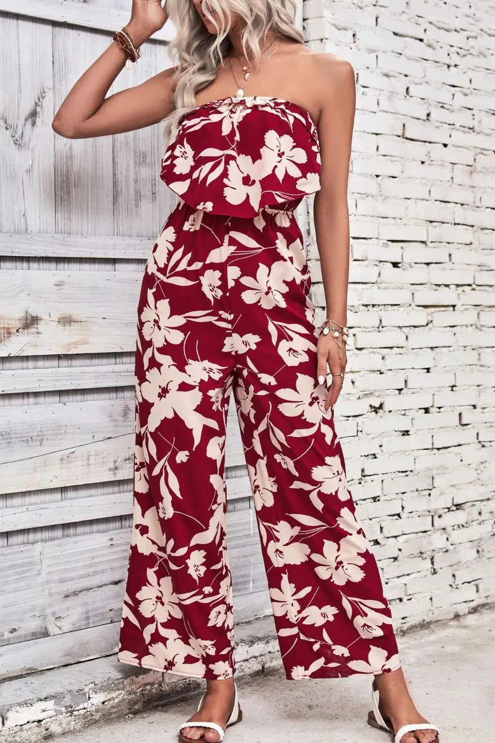 BazaarBey Floral Strapless Wide Leg Jumpsuit 