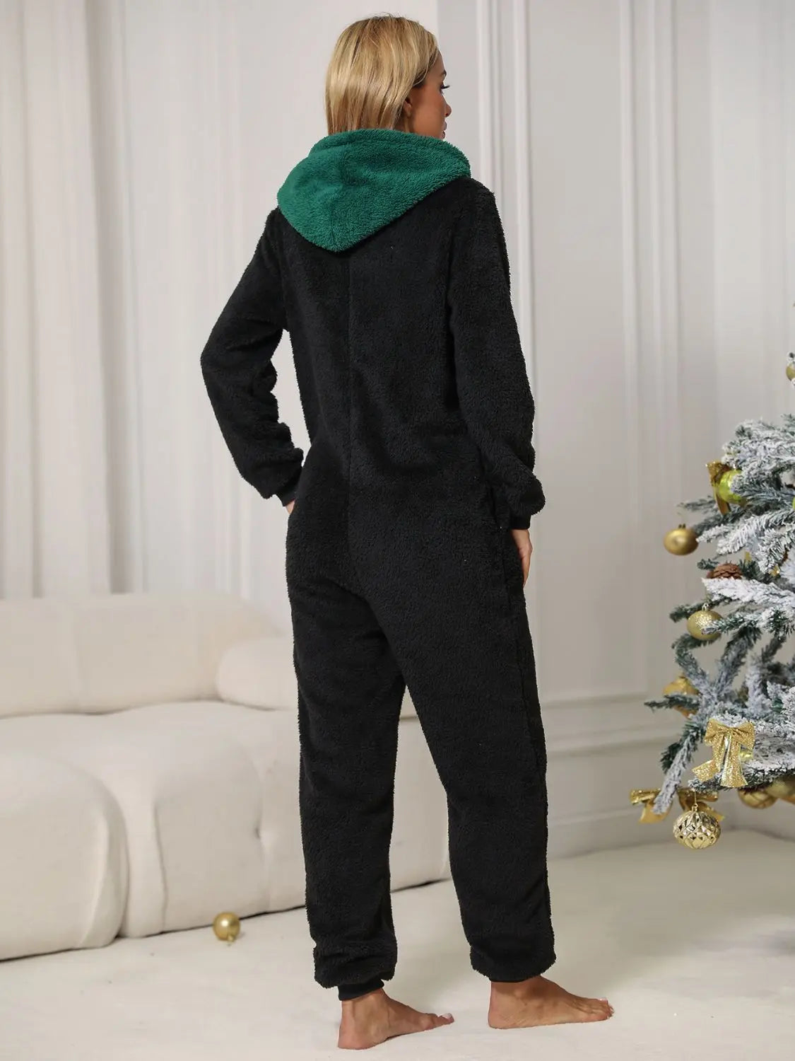 Pom-Pom Trim Zip Front Hooded Lounge Jumpsuit Trendsi