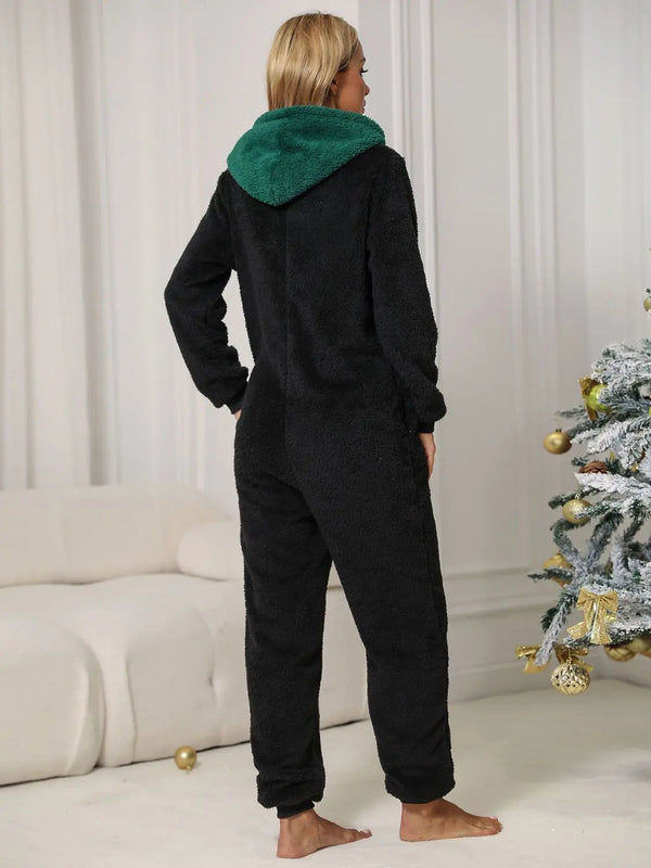 Pom-Pom Trim Zip Front Hooded Lounge Jumpsuit Trendsi
