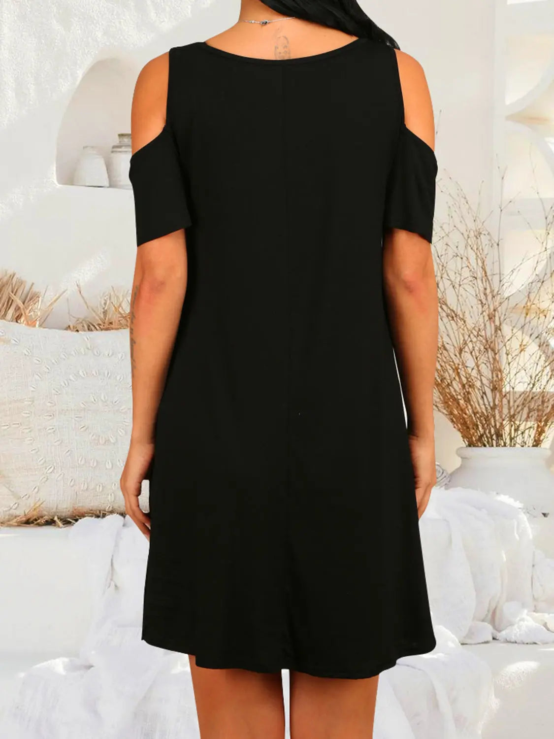 Round Neck Cold Shoulder Short Sleeve Dress -BazaarBey - www.shopbazaarbey.com
