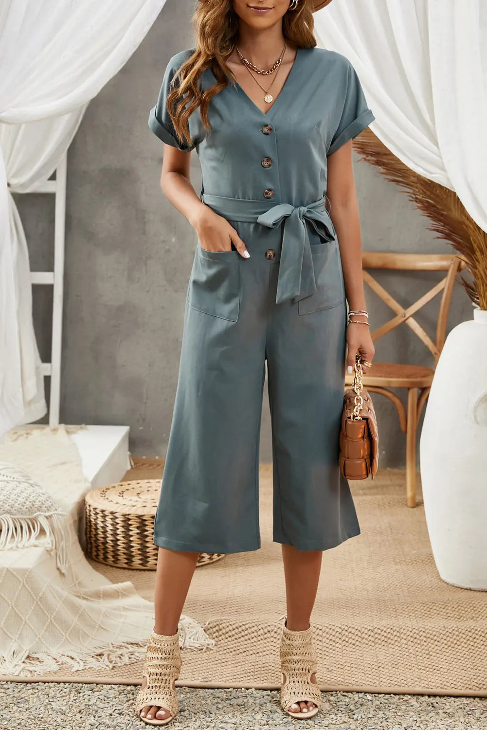 Tie-Waist Buttoned Cropped Jumpsuit Trendsi