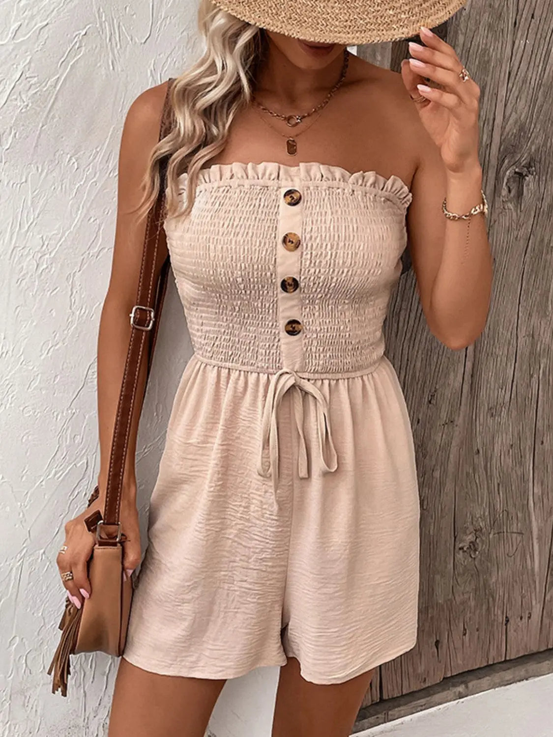 Decorative Button Smocked Strapless Romper Trendsi