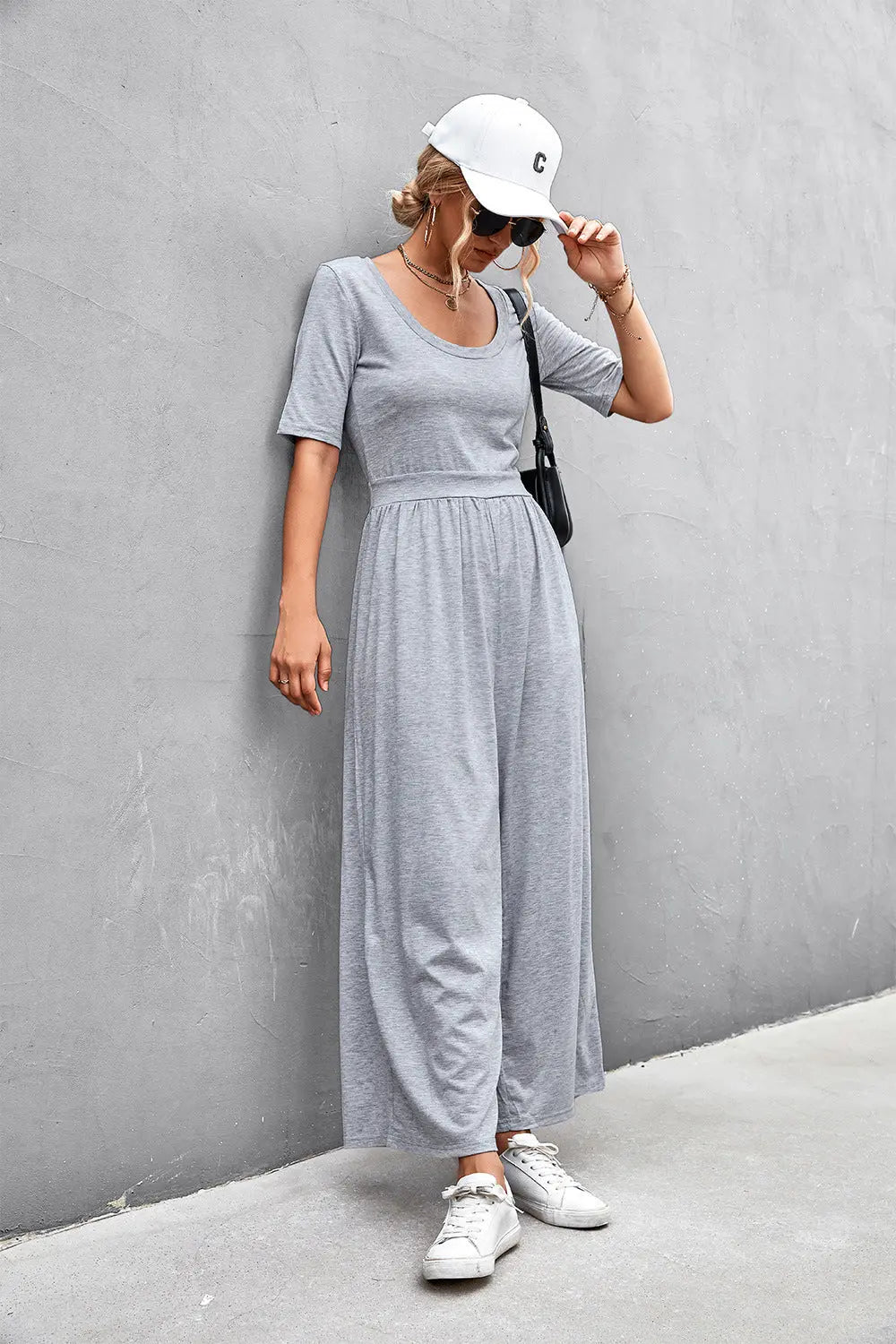 Scoop Neck Half Sleeve Wide Leg Jumpsuit Trendsi