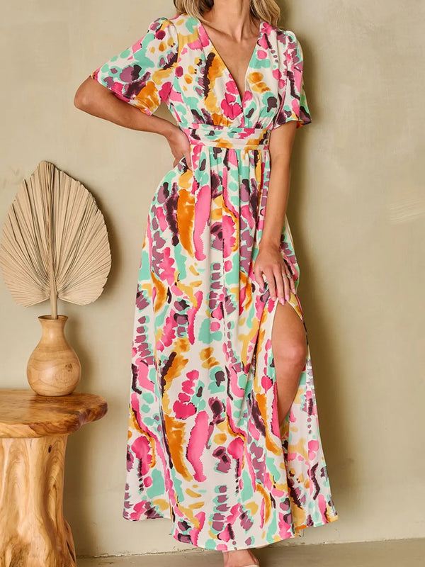Slit Printed  Short Sleeve Maxi Dress -BazaarBey - www.shopbazaarbey.com