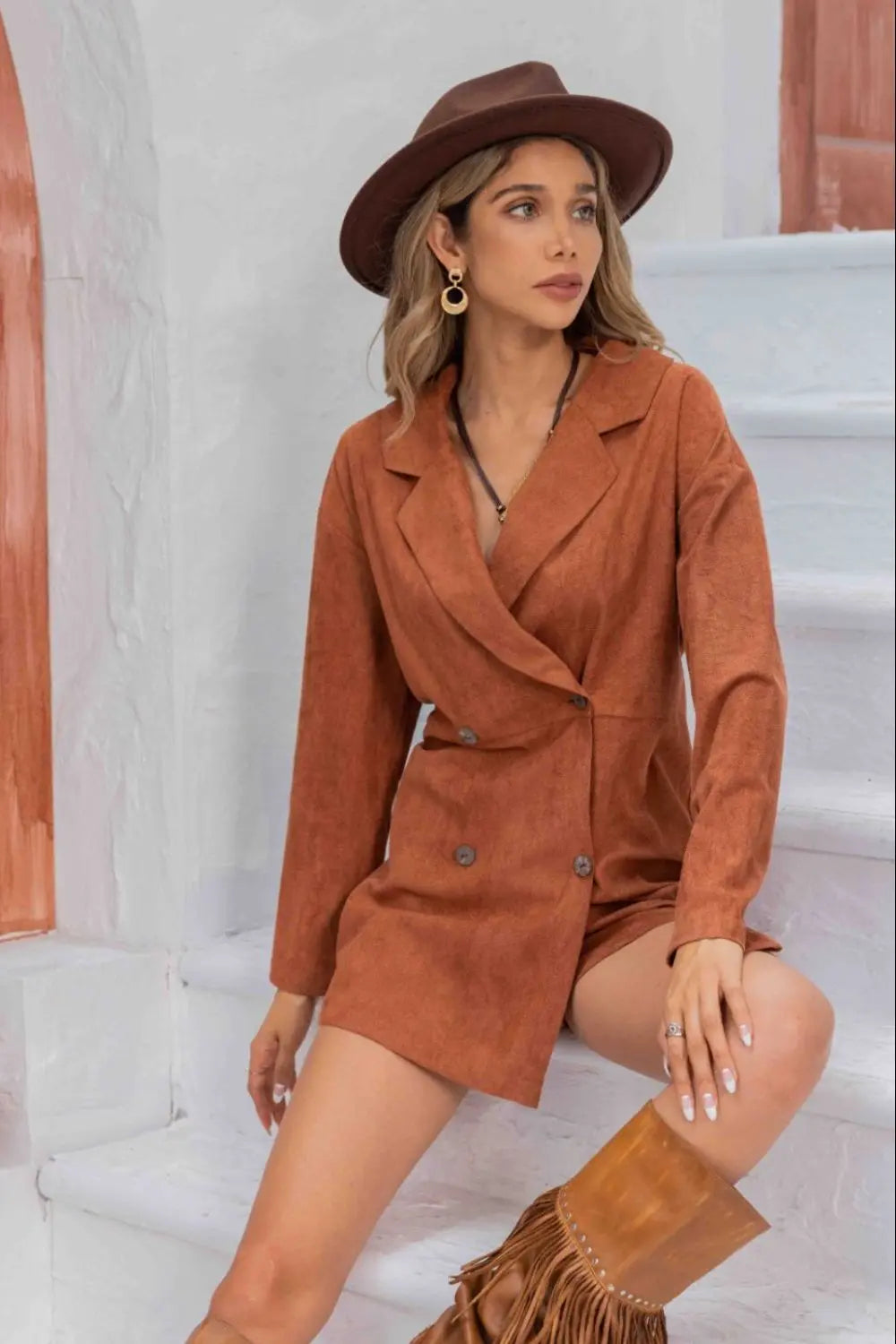 Lapel Collar Long Sleeve Romper Trendsi